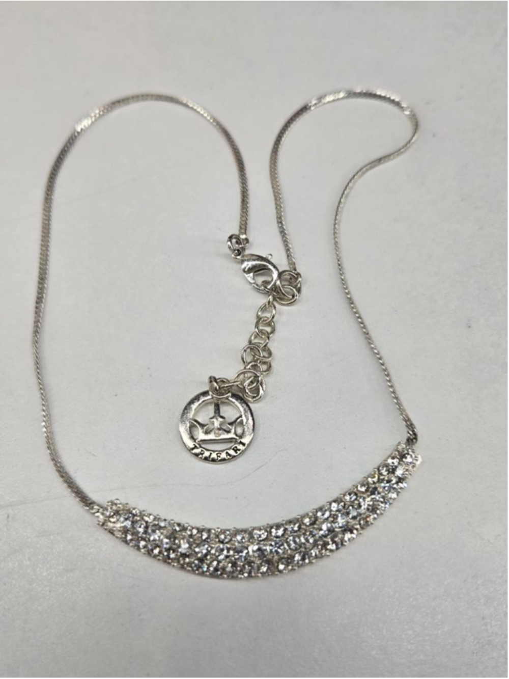 Vintage Crown Trifari Necklace Silver Tone Rhinestone Curved Bar Choker Sparkle